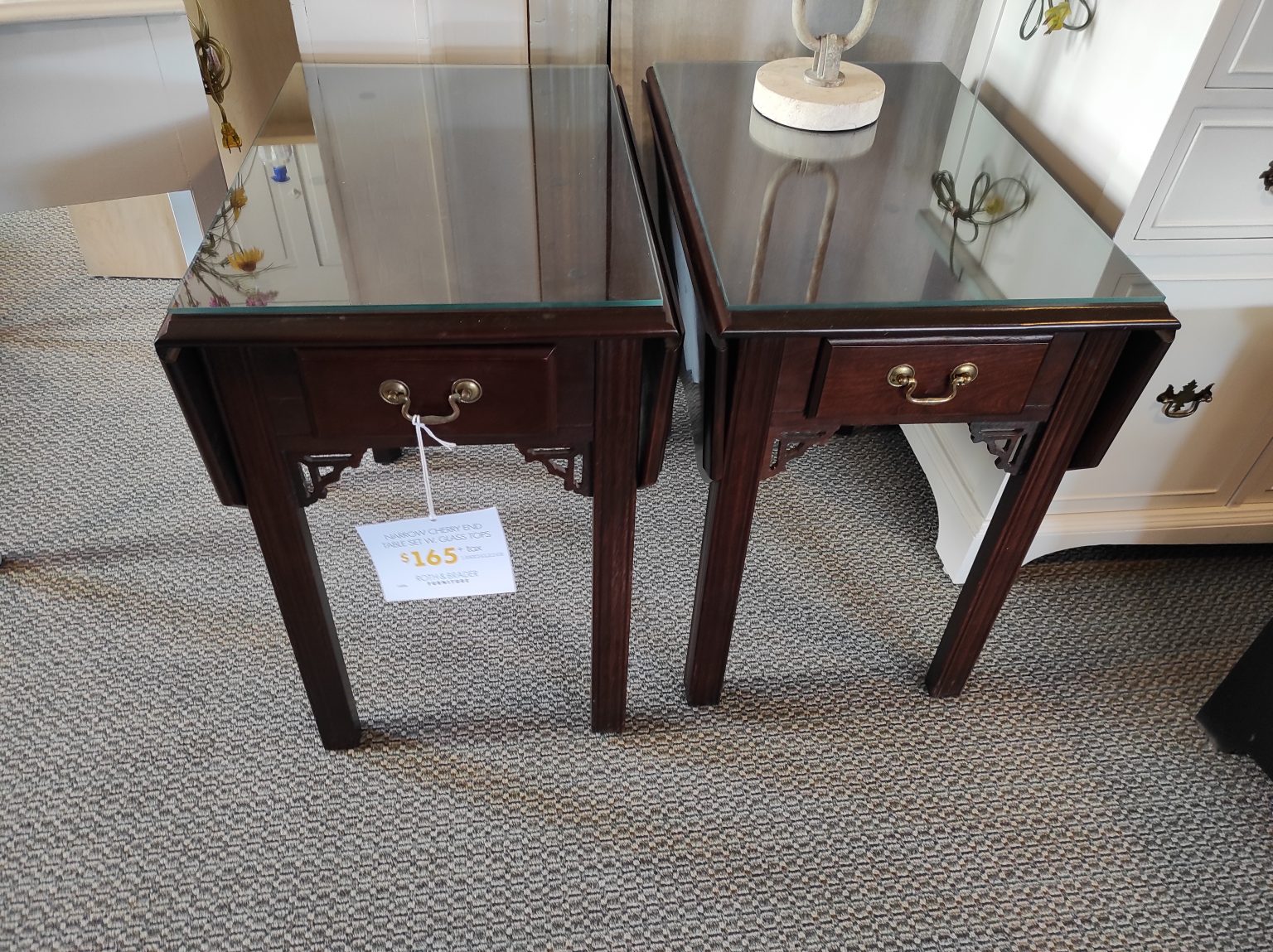 Narrow Cherry End Tables W/ Glass Tops Roth & Brader Furniture