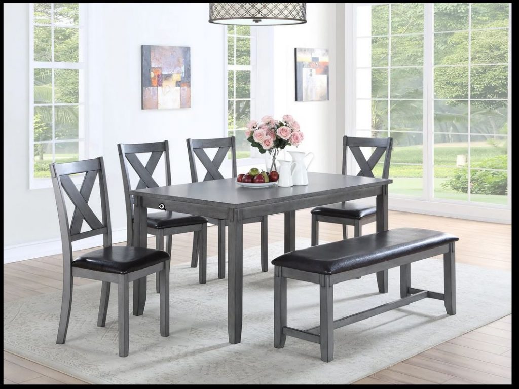 NEW GRAY DINING TABLE, 4 CHAIRS, 1 BENCH, VINYL SEATS