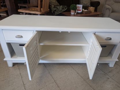 White TV Stand with Metal Bins - Image 2