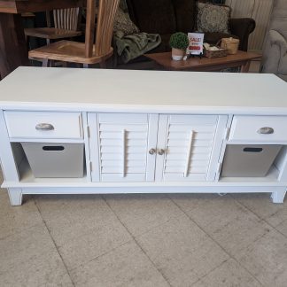 White TV Stand with Metal Bins
