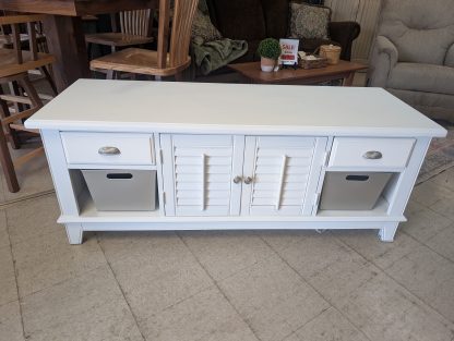 White TV Stand with Metal Bins