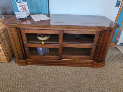 Dark Finish TV Stand w/ Sliding Glass Doors