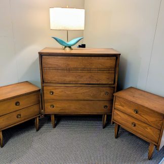 Mainline by Hooker MidCentury Walnut + Brass 4 Drawer Chest + 2 Nightstands