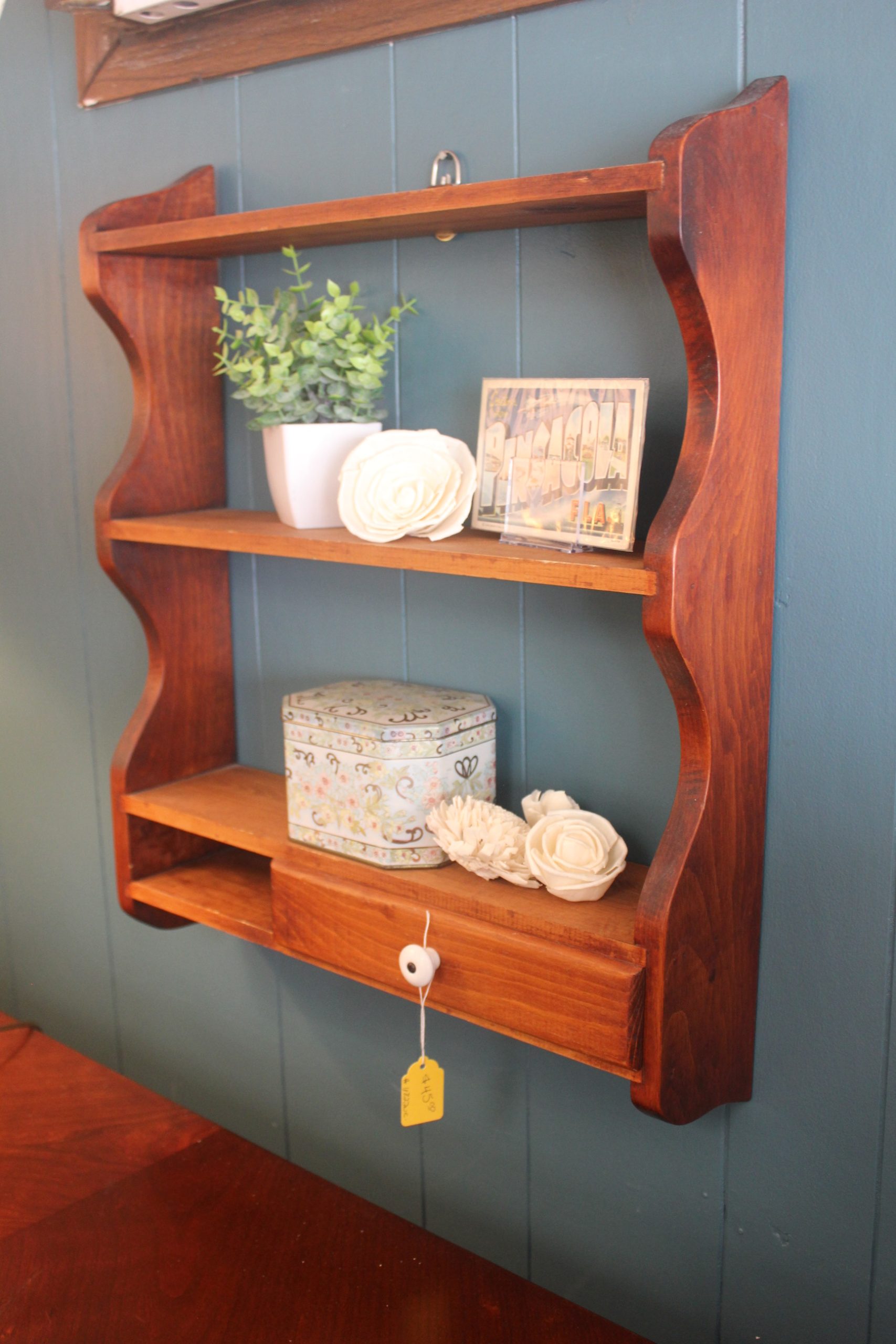 Vintage Wooden Wall Shelf with Drawer - Image 2