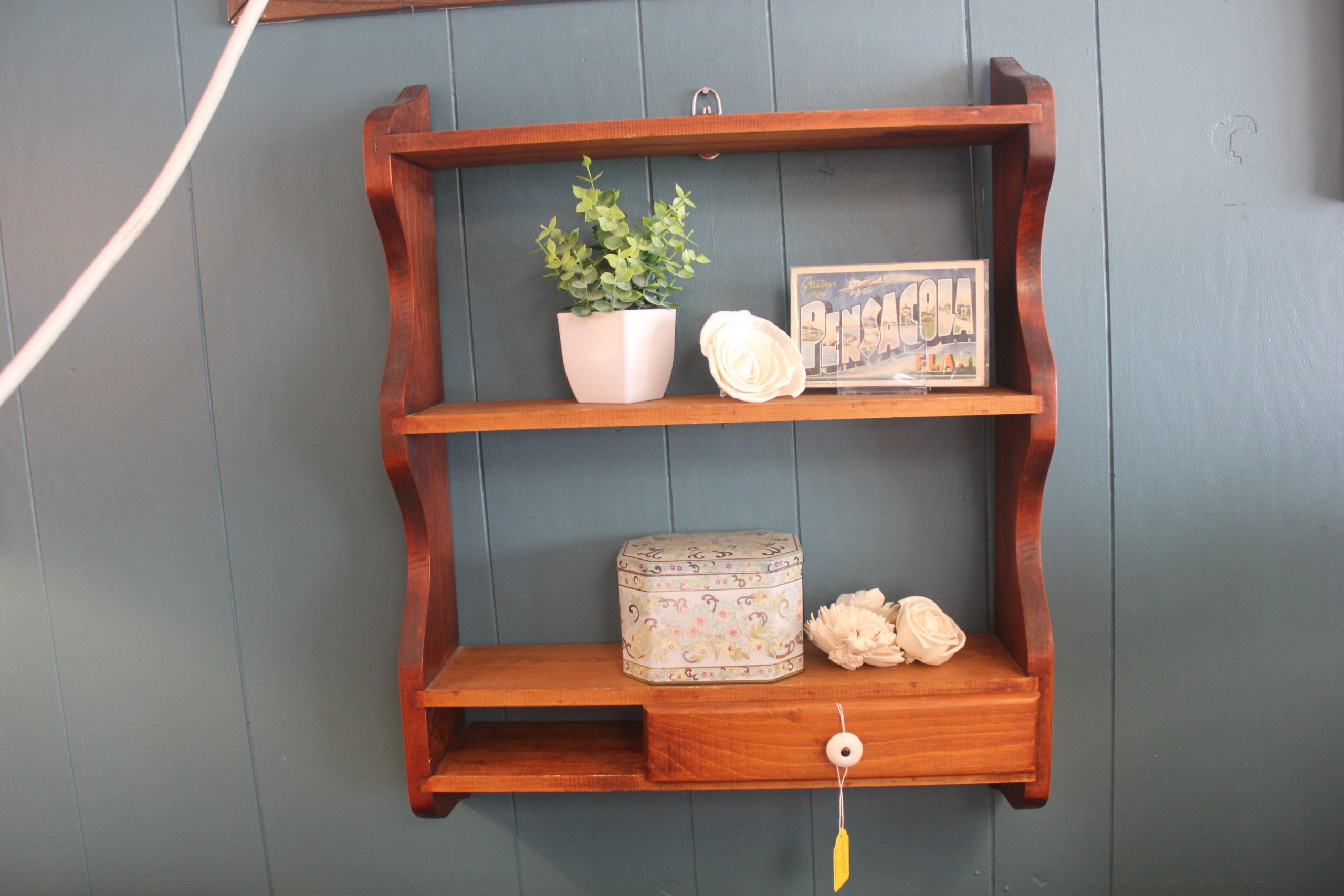 Vintage Wooden Wall Shelf with Drawer