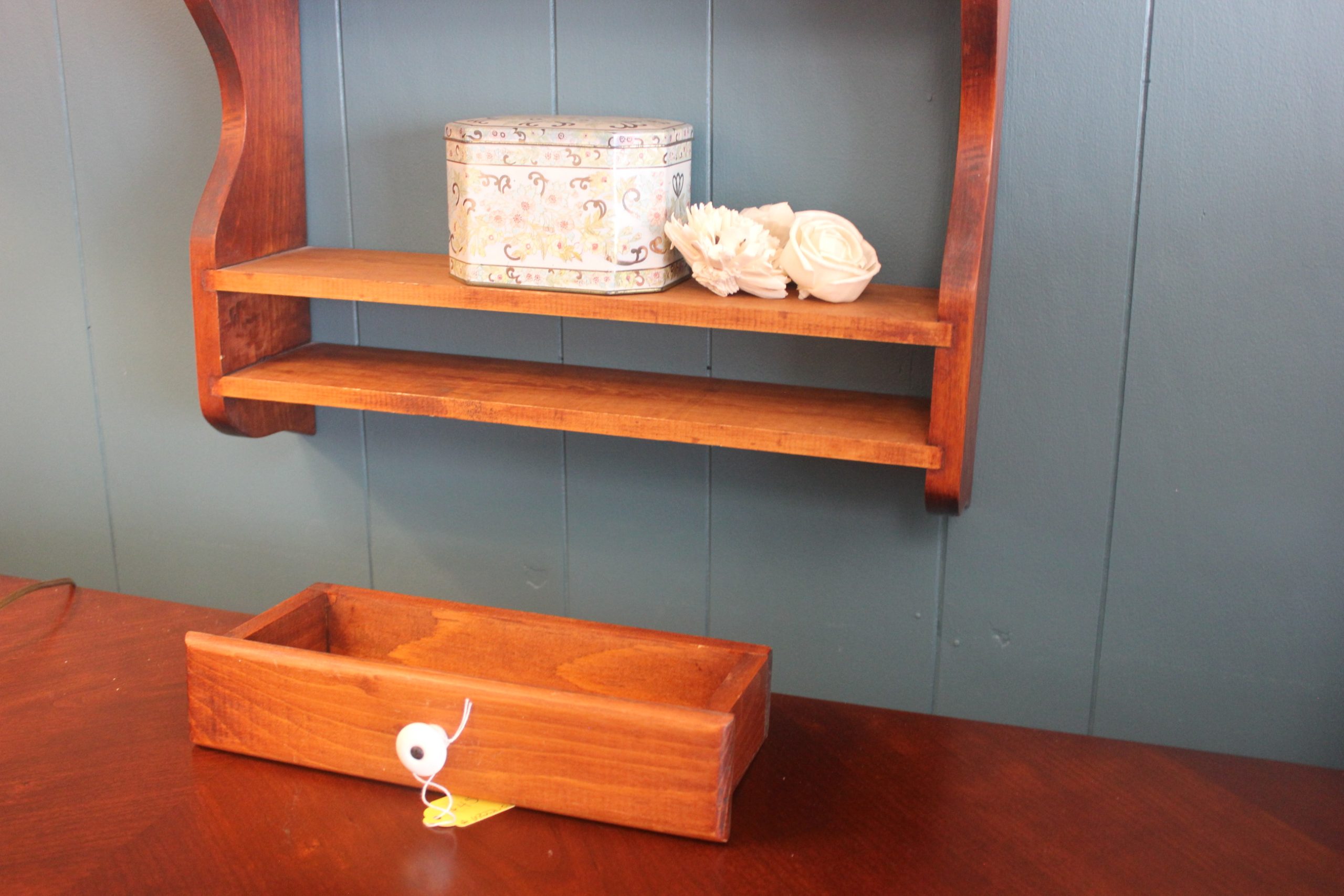 Vintage Wooden Wall Shelf with Drawer - Image 3