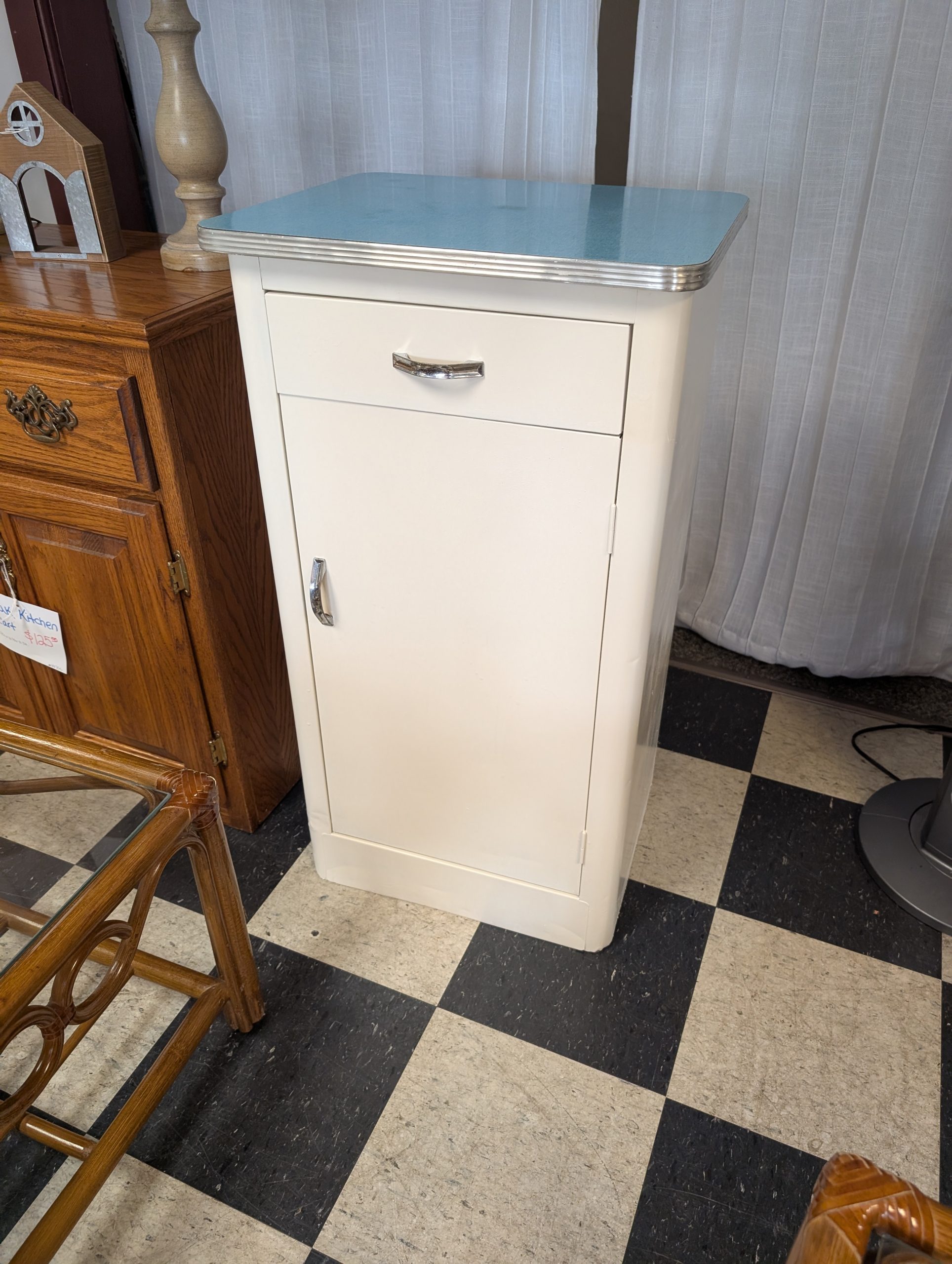 White Utility Cabinet with Aqua Top