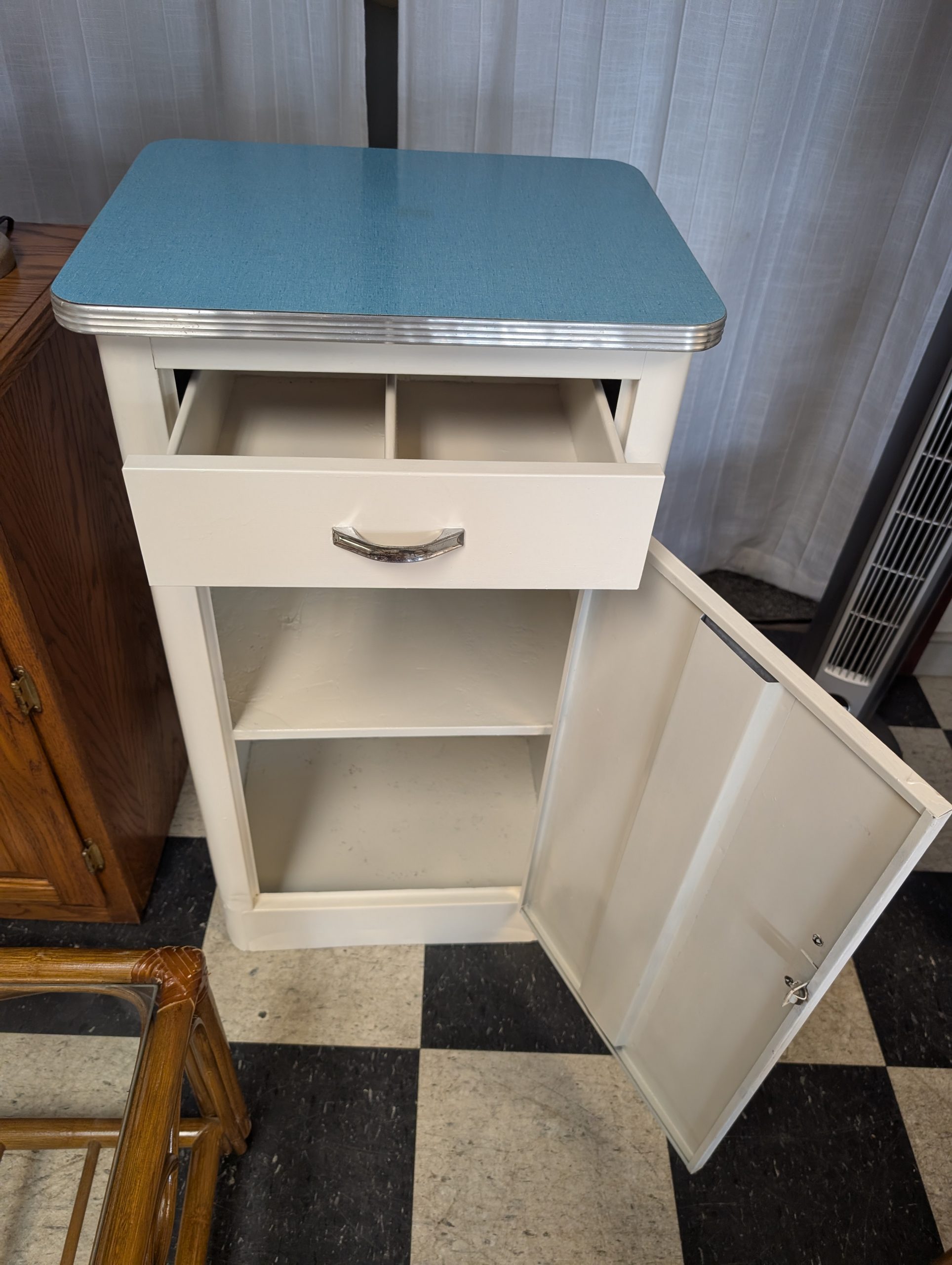White Utility Cabinet with Aqua Top - Image 2
