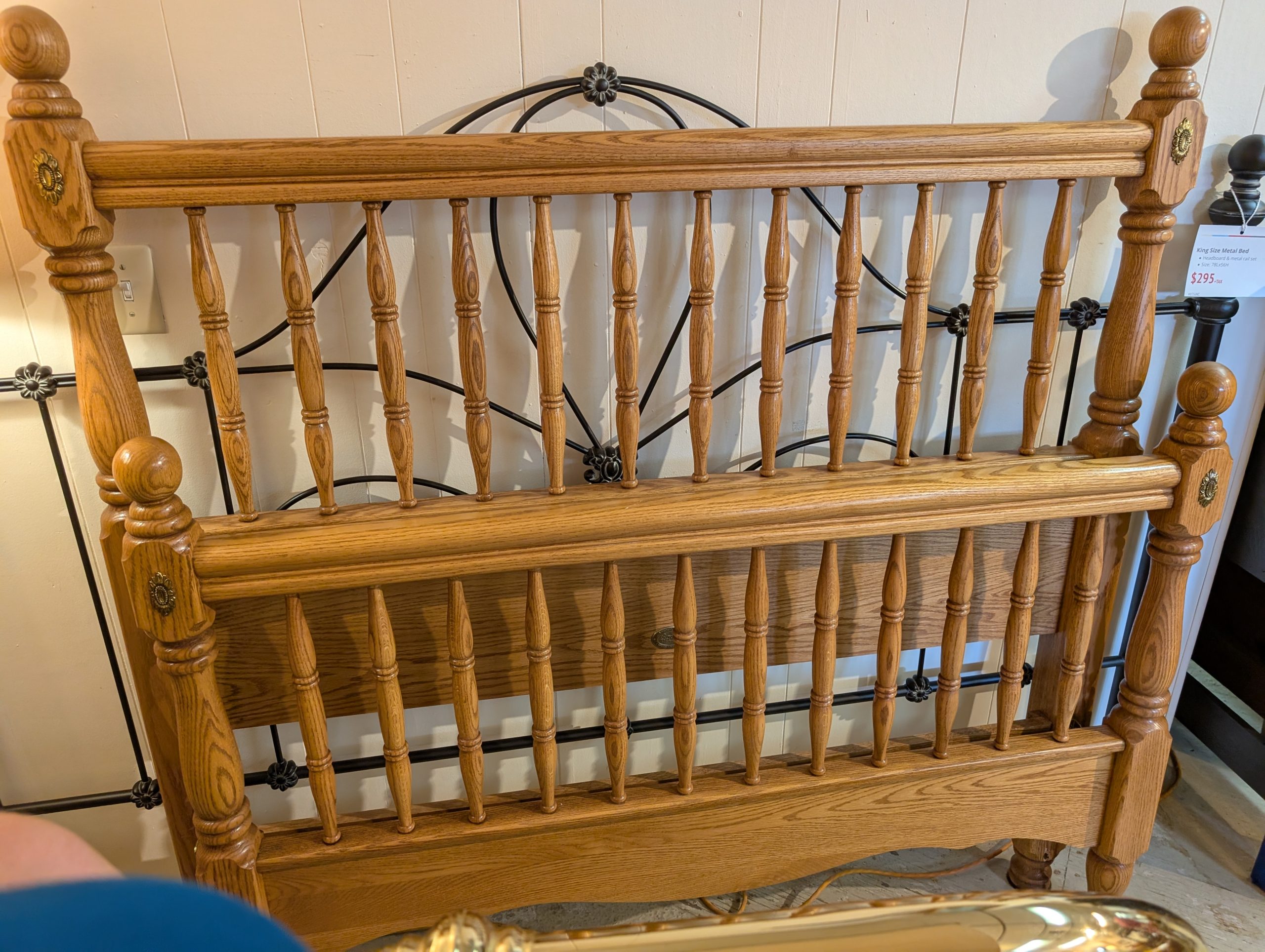 Oak Full Size Headboard with Metal Rails